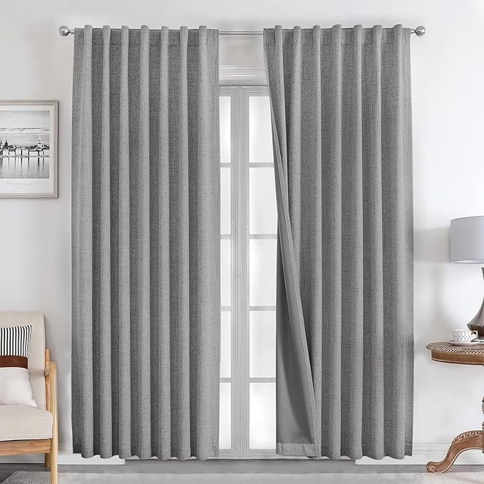 Joydeco Natural Linen Curtains 84 inch Length 2 Panels Set Burg 100% Blackout by JOYDECO