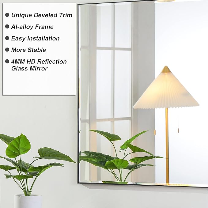 24x40 Inch Black Mirror with Beveled Trim, Aluminum Frame Bathroom Vanity Mirror - Image 3