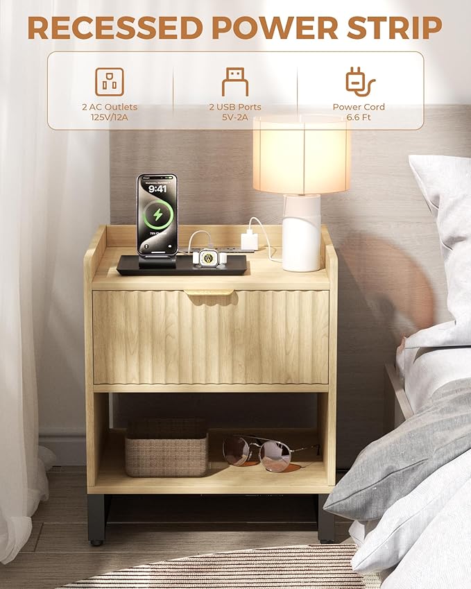 Fluted Night Stand Set 2 with Charging Station, Wood Nightstand with Large - Image 4