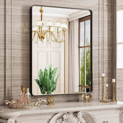 20X30 Inch Black Bathroom Mirror, Rounded Rectangle Matte Bathroom Vanity Mirror by JISOSO