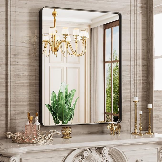 24X36 Inch Black Bathroom Mirror, Rounded Rectangle Matte Bathroom Vanity Mirror by JISOSO