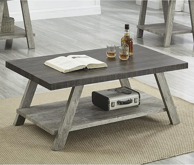 Roundhill Furniture Athens Contemporary Wood Shelf Coffee Table, Weathered - Image 4