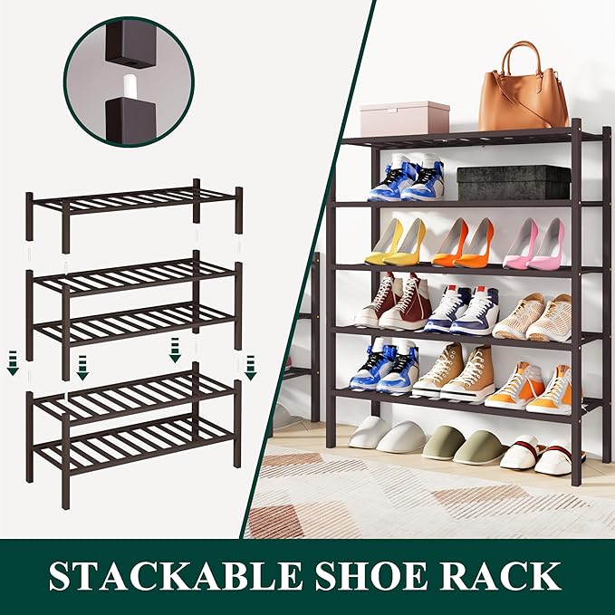Smiry Shoe Rack, 6 Tier Bamboo Shoe Organizer, Stackable Free Standing Wooden - Image 4