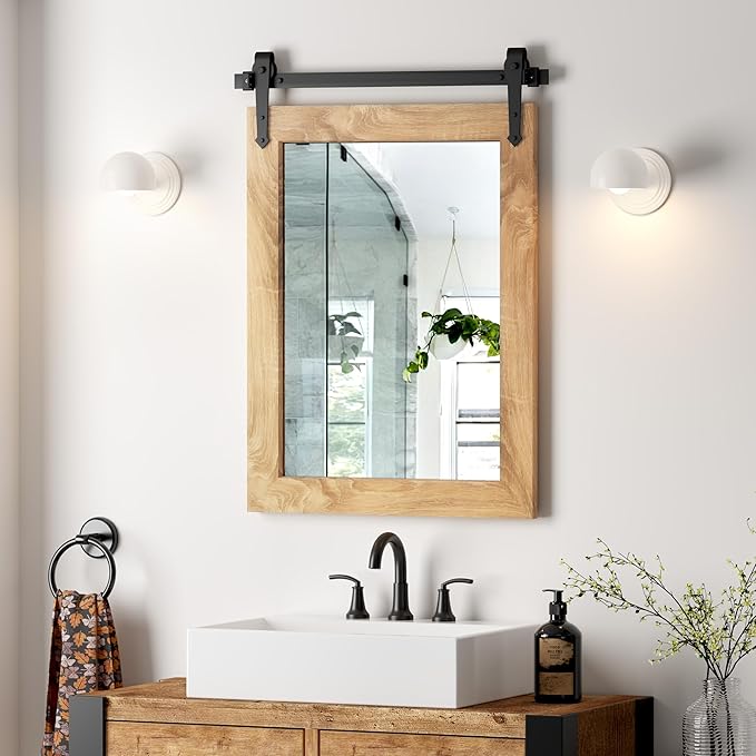 Farmhouse Bathroom Mirror 18" x 24" Rustic Wood Framed Wall Barn Door Mirror - Image 4