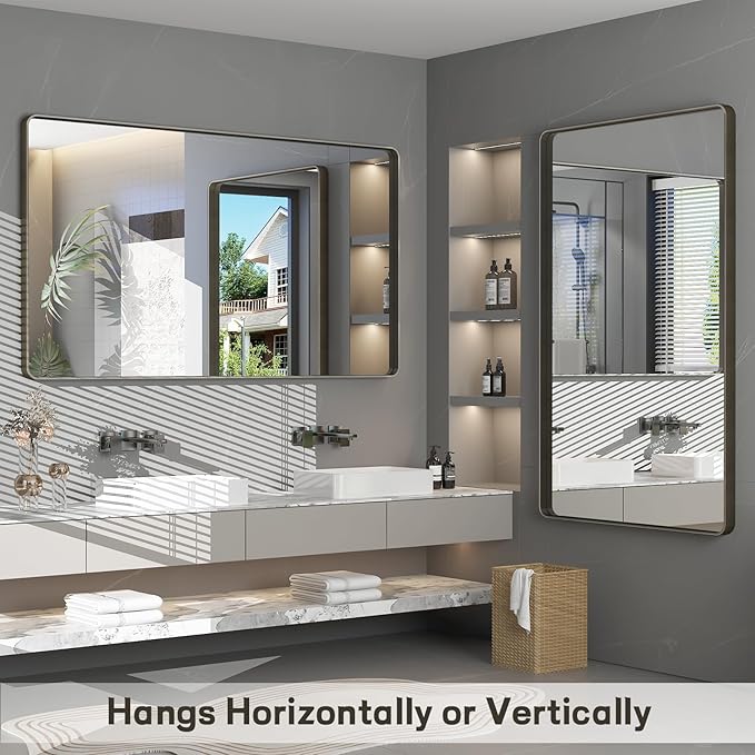 48x30 Bronze Framed Bathroom Mirror, Rectangle Brushed Bronze Metal Vanity - Image 5