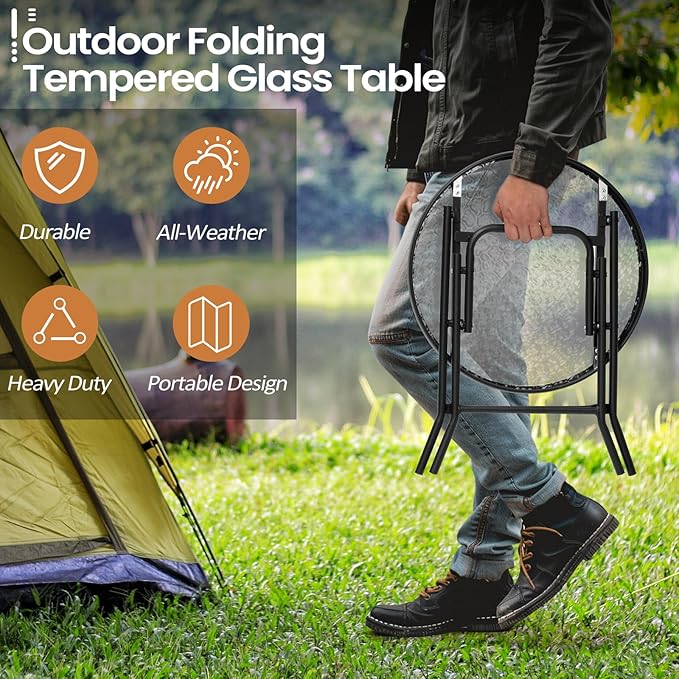 Foldable Side Table with Tempered Glass Top 18" Outdoor Folding Side Tables - Image 3