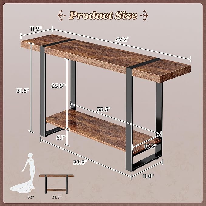 Huuger 47.2 Inch Entryway Table, 2-Tier Industrial Console Sofa Table, Accent - Image 2