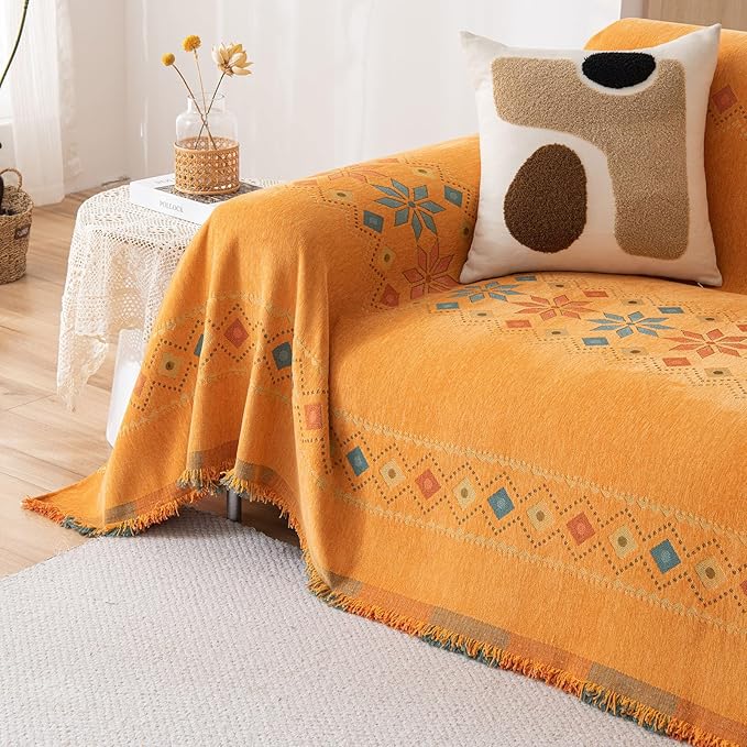 STACYPIK Soft Orange Sofa Cover, Boho Chenille Couch Cover - Image 7