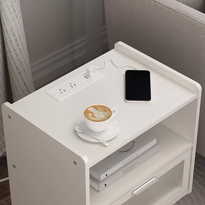 Nightstand with Charging Station, Bedside Tables with Glass Decorative Door - Image 6
