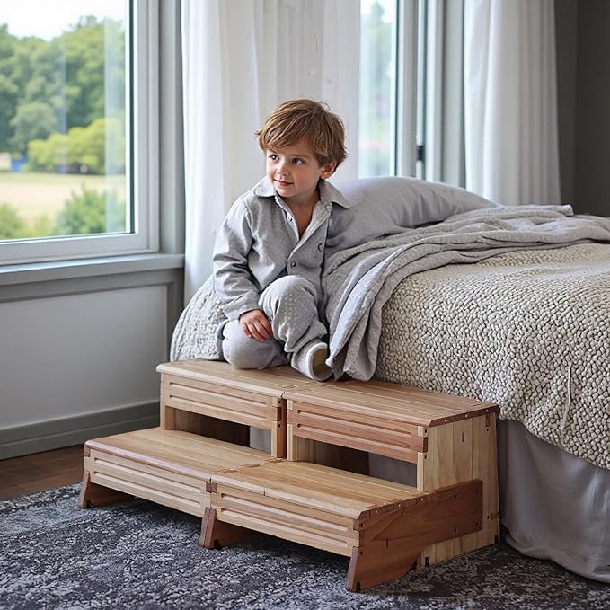16" Wooden Two Step Stool for Adult & Kid, Deeper & Safer Bedside Steps - Image 7