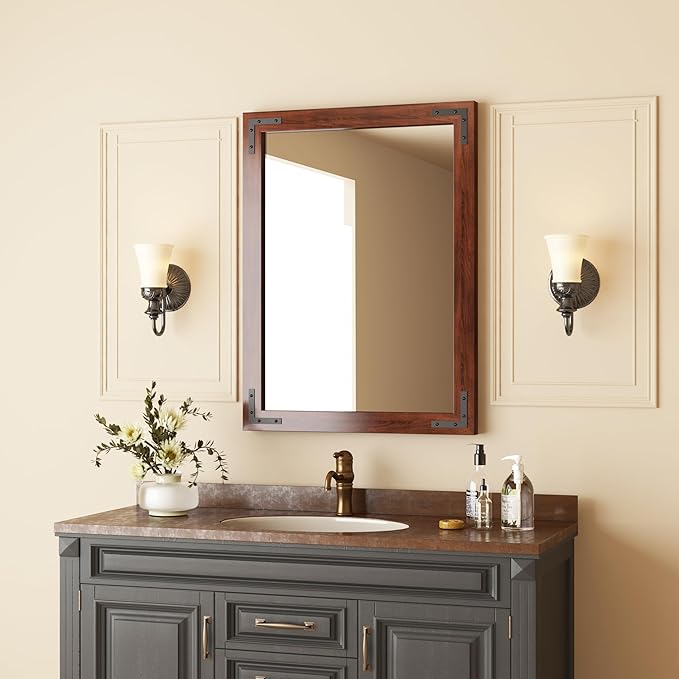 VocalStar Rustic Wood Framed Mirror 24 x 32 Inch, Natural Dark Brown Wooden - Image 2