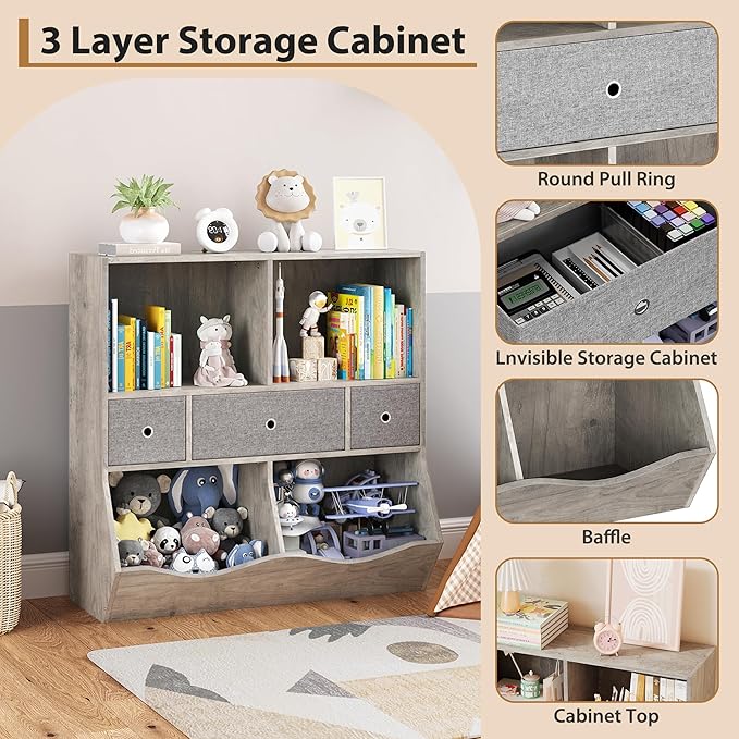 IDEALHOUSE 7-Cubby Large Kids Toy Storage Organizer, Children Wood Bookcase and - Image 6