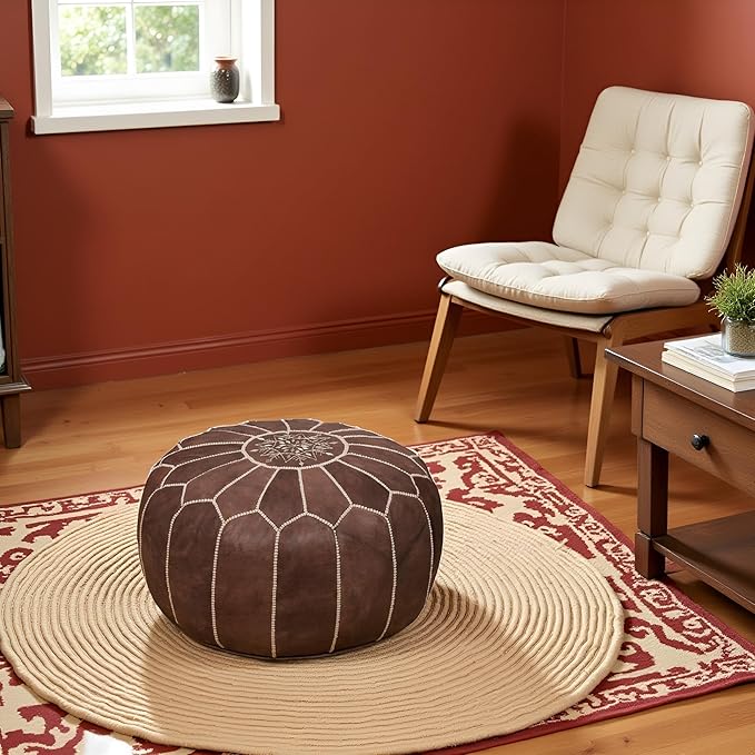 Stuffed Round Design Moroccan Leather Pouf Ottoman, Pre-Filled, 100% Genuine - Image 2