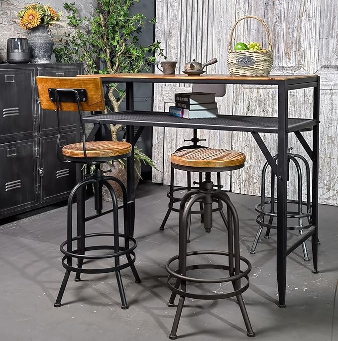Diwhy Industrial Bar Stool-26-32 Inch Adjustable Swivel Metal Wood Seat Stool - Image 9