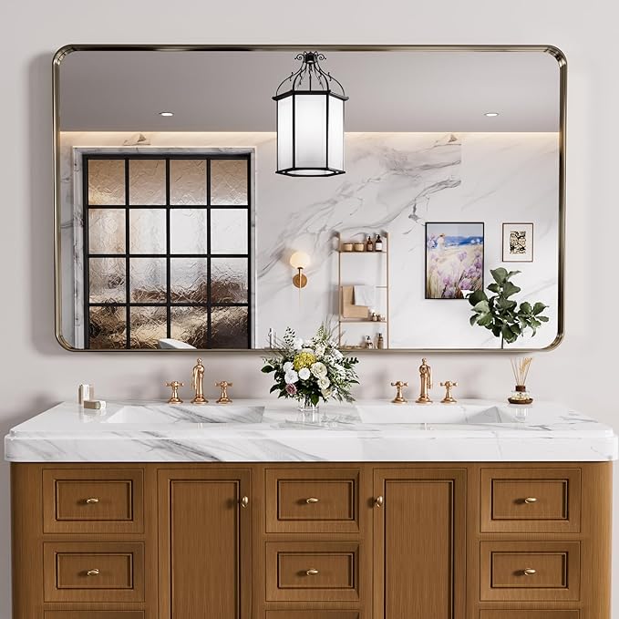 Bronze Bathroom Mirror 60x30 Inch, Brushed Bronze Metal Frame Mirror - Image 2