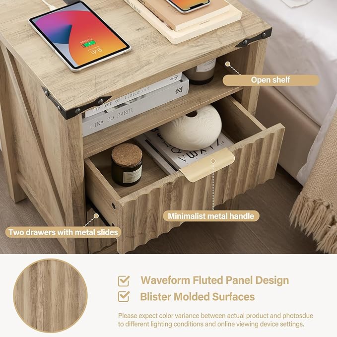 Fluted Nightstand with Charging Station Set of 2-20 Inch Wide Farmhouse Bedside - Image 5