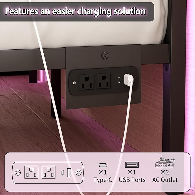 Twin Bed Frame with Headboard, Heavy Duty LED Bed Frame with USB Charging - Image 4