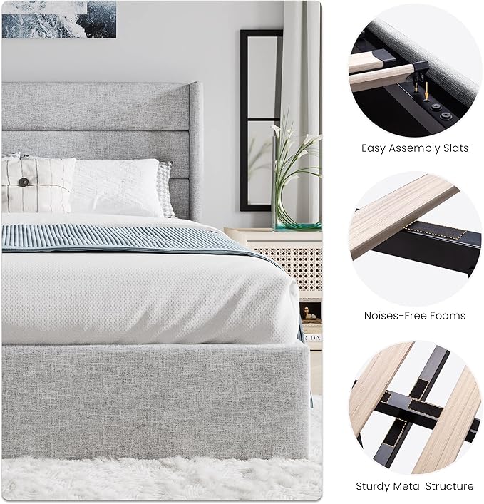 SHA CERLIN Full Size Lift Up Storage Bed/Modern Wingback Headboard/Upholstered - Image 4