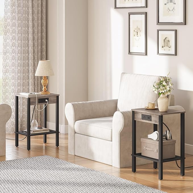 HOOBRO Side Table with Charging Station, Nightstand with 2-Tier Storage Shelf - Image 2