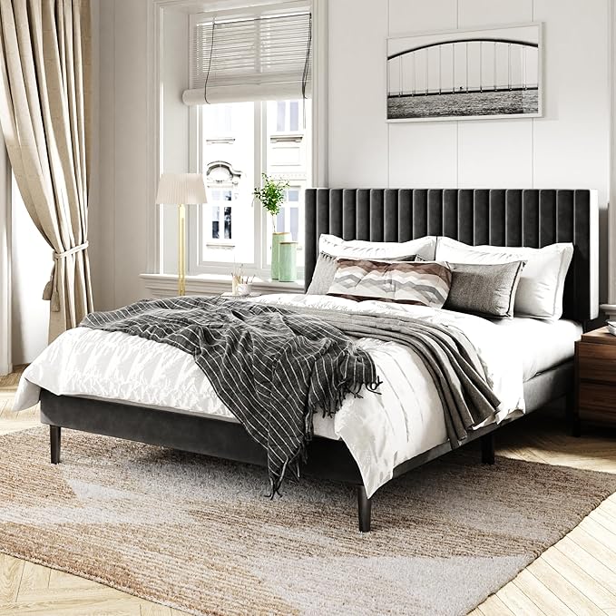 Queen Size Bed Frame with Velvet Upholstered Headboard, Platform Bed with - Image 3
