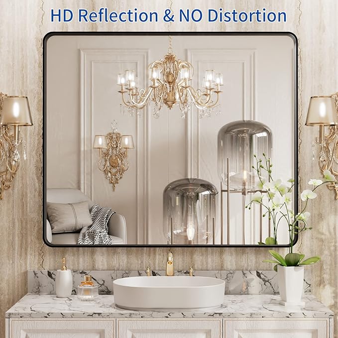 WEER Black Bathroom Mirror, 40X32 Inch Rectangular Matte Black Metal Framed - Image 2