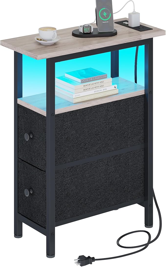 End Table with Charging Station, Narrow Side Table with 2 Fabric Drawers by TRIFEBLE