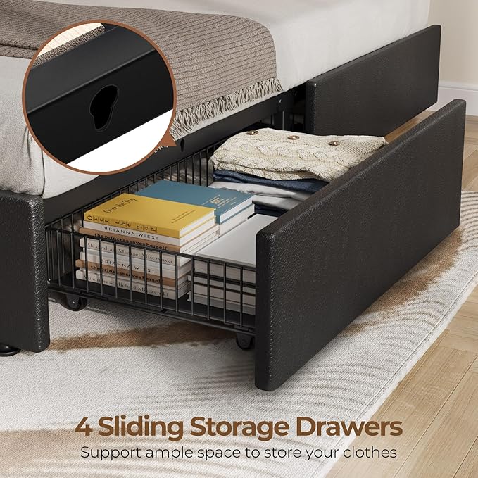 Rolanstar Twin Bed Frame with 4 Storage Drawers and Charging Station, Twin Bed - Image 5