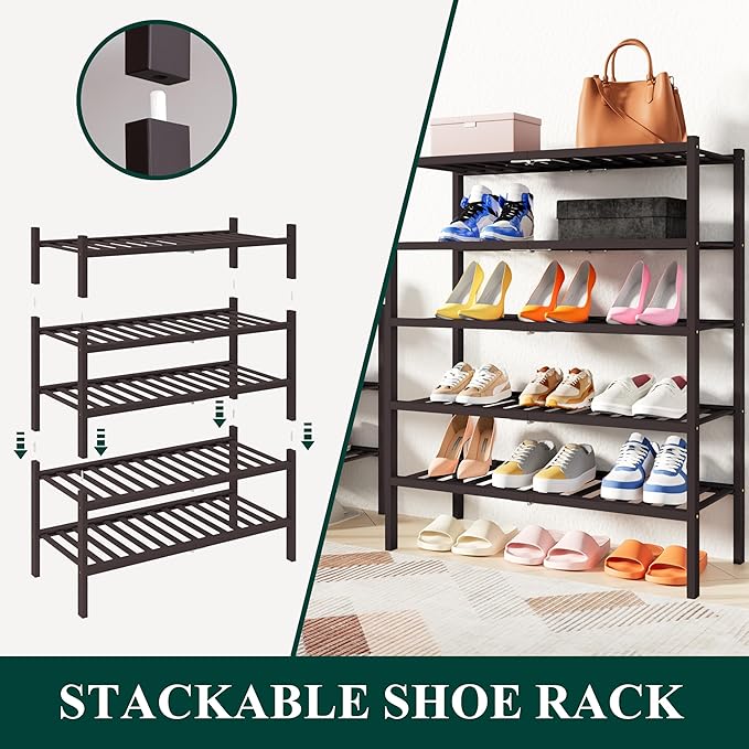 Smiry Shoe Rack, 4 Tier Thick Bamboo Shoe Organizer, Stackable Free Standing - Image 4