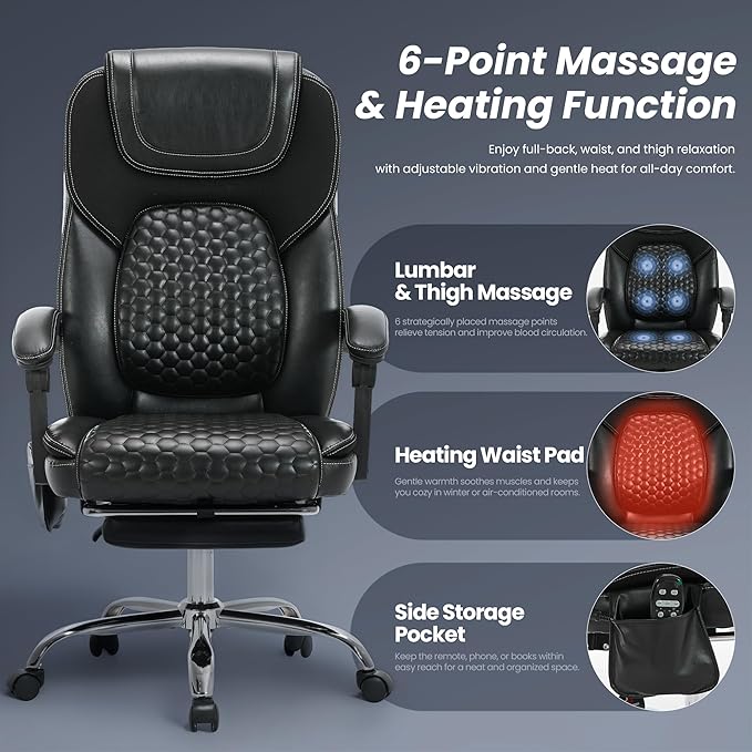 Massage Office Chair with Heat and Footrest –Reclining Desk Chair, Big and Tall - Image 4