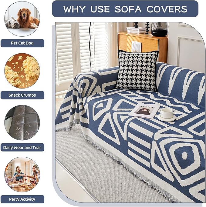 STACYPIK Reversible Boho Blue Beige Couch Cover - Image 2