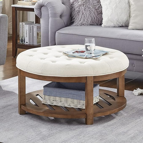 24KF Large Round Upholstered Tufted Linen Ottoman Coffee Table, Large Footrest by WEMARTHOMEDECOR