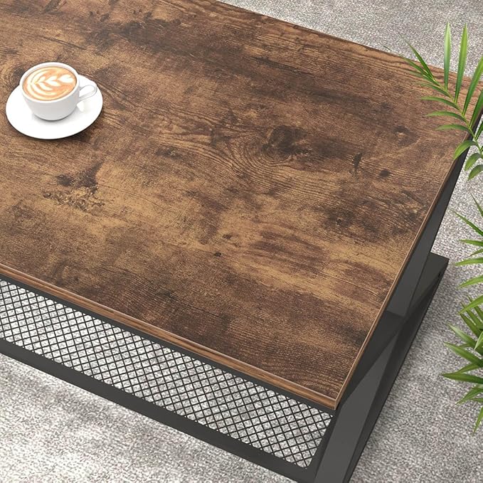 LVB Rustic Coffee Table, Industrial Metal Wood 2 Tier Cocktail Tea Table - Image 5
