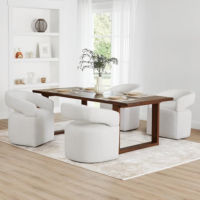 Upholstered Dining Chairs with Casters Modern Barrel Side Armchair with Rollers - Image 7