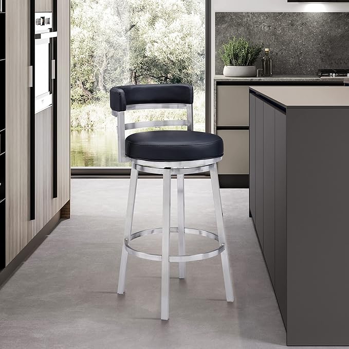 Armen Living Titana 26" Counter Height Swivel Black Faux Leather and Brushed - Image 2