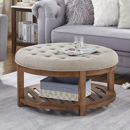 24KF Large Round Upholstered Tufted Linen Ottoman Coffee Table, Large Footrest by WEMARTHOMEDECOR