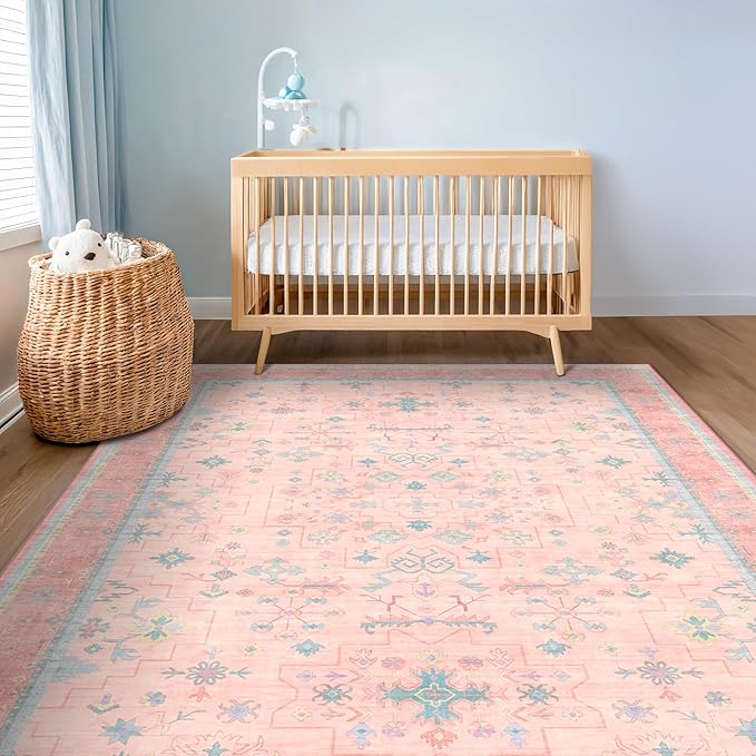 Washable Pink and Blue 6x8 Boho Rugs - Image 3