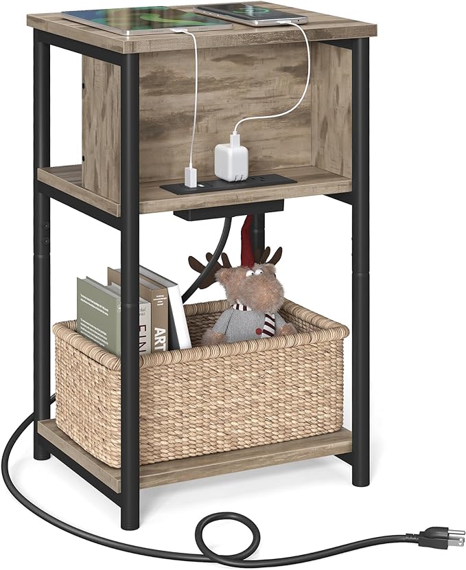 VASAGLE Side Table with Charging Station, 3-Tier End Table with USB Ports and by VASAGLEbySONGMICSHOME