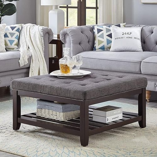 24KF Large Square Upholstered Tufted Linen Ottoman Coffee Table, Large Footrest by WEMARTHOMEDECOR