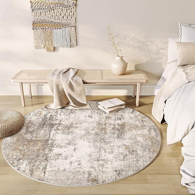 4x4 Washable Round Rug Brown Grey Neutral Abstract Entryway Non Slip Low Pile - Image 2
