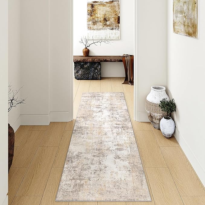 3x12 Washable Runner Rug Beige Grey Neutral Abstract Hallway Kitchen Living - Image 3