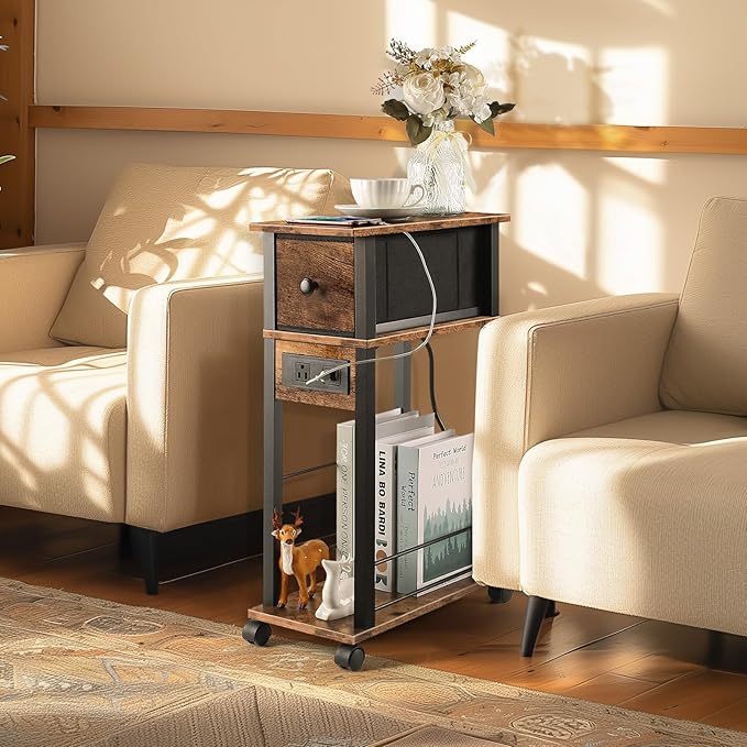 Side Table with Charging Station and Drawer, Narrow End Table with USB Ports - Image 2