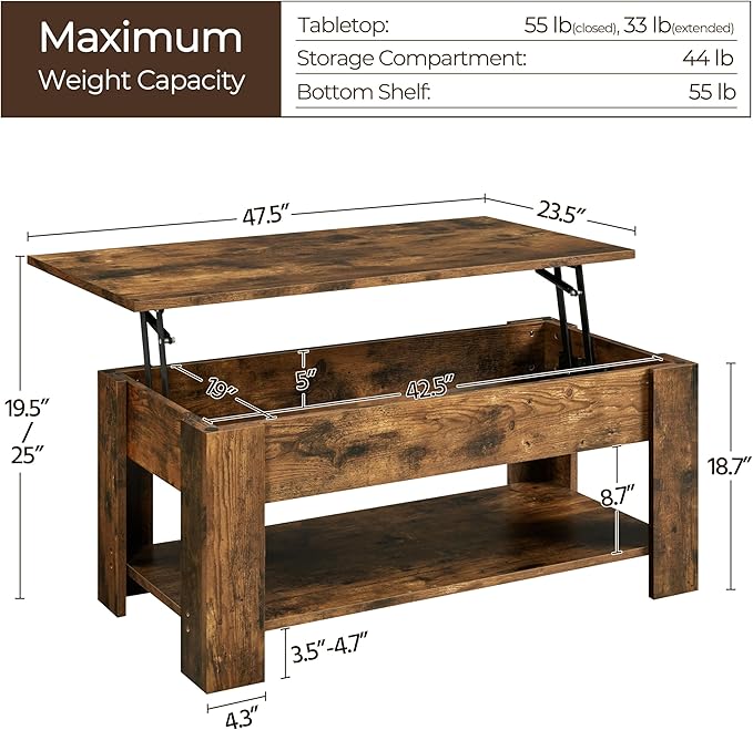 Yaheetech Coffee Table, 47.5in Lift top Coffee Table - Image 3