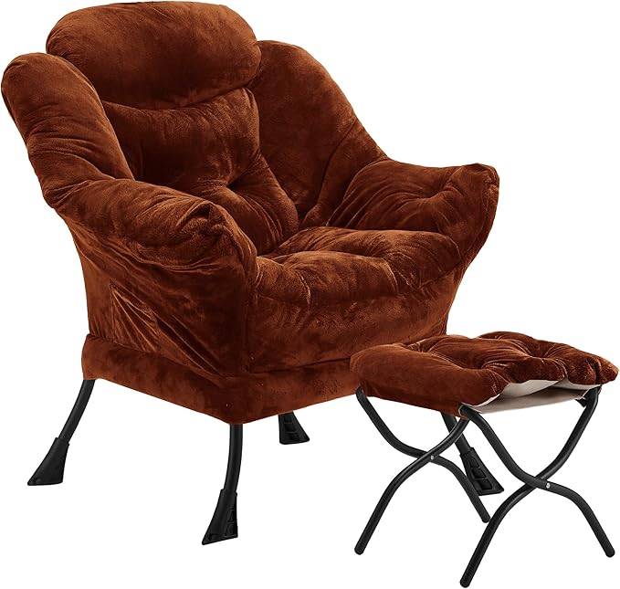 Lazy Chair with Folding Ottoman, Accent Chair Plush Upholstered with Metal by Youtanic