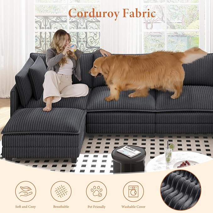 Vesgantti 143" L Shaped Modular Sectional Sofa, Comfy Corduroy Upholstered - Image 6