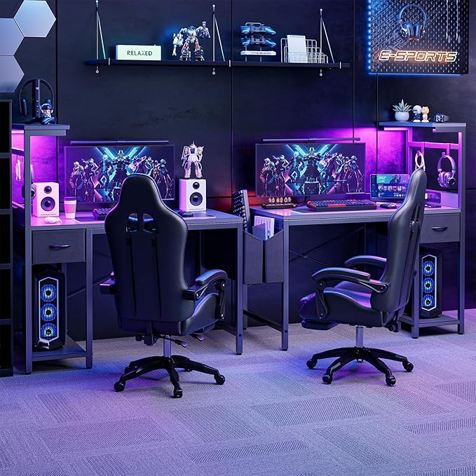 Gaming Desk 47 Inch with Power Outlet and LED Light, Computer Desk with - Image 4