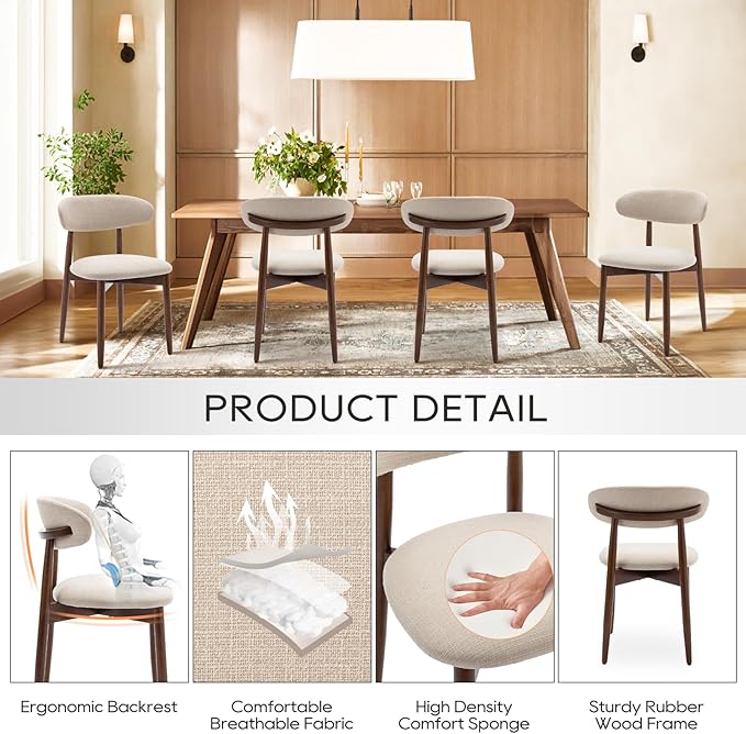 COLAMY Wooden Dining Chairs Set of 2, Modern Fabric Upholstered Kitchen Side - Image 4