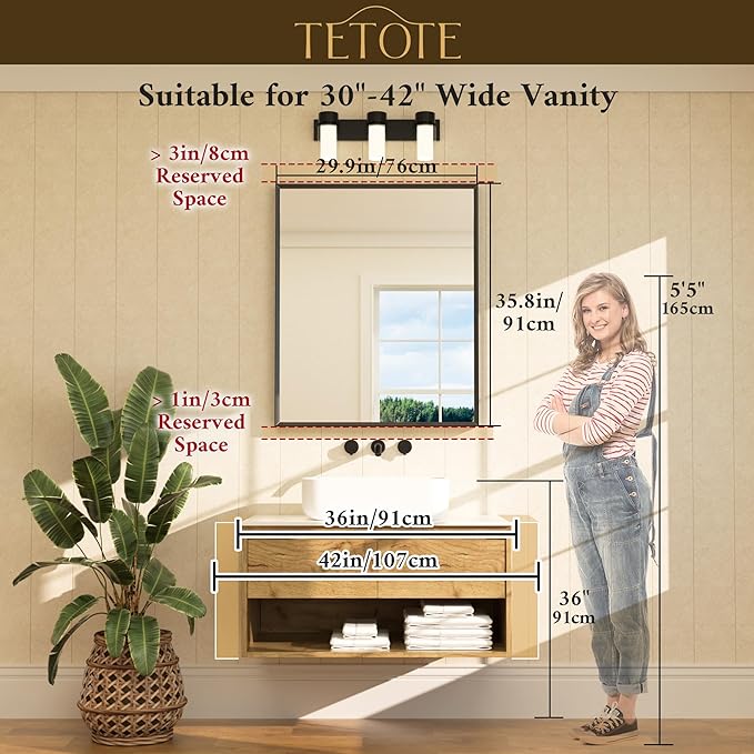 TETOTE Black Mirror for Bathroom Sink 30" x 36" Matte Black Beveled Metal Frame - Image 6
