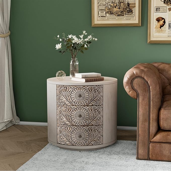 COSIEST Bedside Table Set of 2, Wood Nightstand 3 Drawers, Farmhouse Round End - Image 6