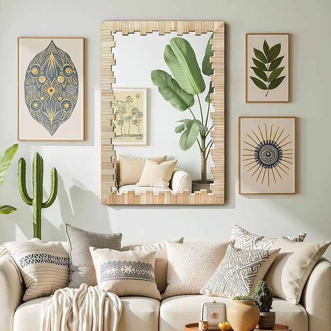 Boho Wall Mirror with Wood Frame, Living Room - Image 4