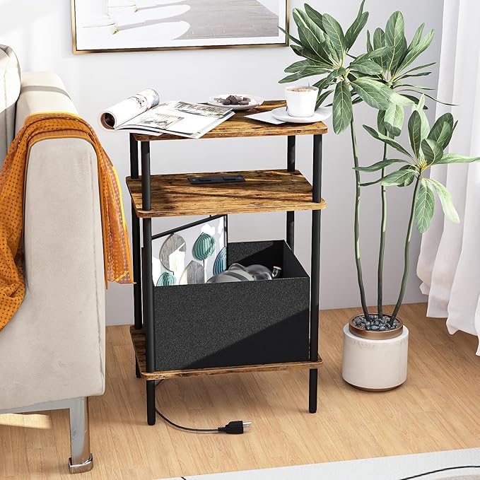 Small Side Table with Charging Station, Slim Nightstand with Outlet, Sofa - Image 4